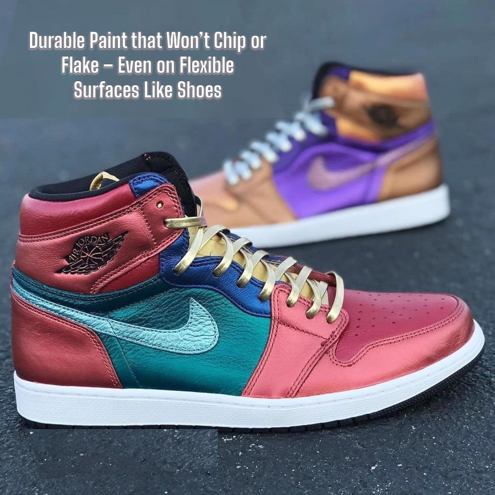 Jacquard Lumiere Metallic Paint used on shoes – custom hand-painted footwear with metallic finish